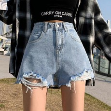 cammello 여성 투버튼 하이웨스트 데님 반바지 숏 팬츠 데미지 컷팅