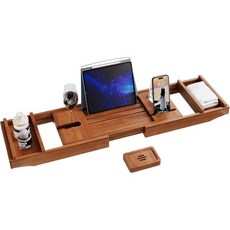 티크 욕조 트레이 나무 확장 가능한 캐디 책과 와인 잔 홀더 포함, 1개