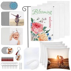 Ainiv 89피스 승화 블랭크 제품 세트 승화 빈 자동차 코스터 태슬이 있는 열쇠고리 베개 커버 정원 깃발 승화 전사 열 프레스 인쇄 공예용 공기 청정제 시트, Ainiv 89피스 승화 블랭크 제품 세트, 승화 빈