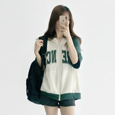[국내제작/여름ver] 데이지클로젯 프렌치 레터링 오버핏 반팔 후드집업 / 썸머 루즈핏 빅사이즈 남녀공용 학생 교복템 기본 아우터 여성 여자 데일리룩 캐주얼 프린팅 배색 나그랑