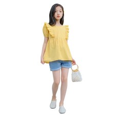 Crystalhouse 女童初中夏季黃色荷葉邊襯衫 [T262]