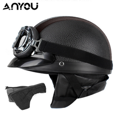 ANYOU [겨울 추천] 빈티지 고글 모자 안전모 전기자전거 모자 오토바이 헬멧 전동 킥보드 헬멧, 갈색