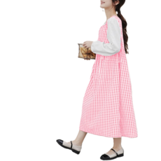 파키즈 원피스 어린이집 주방 카페 앞치마 체크 롱 그린 1개, 핑크 × 1개