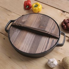 솥뚜껑 불판 무쇠솥 구이팬 미니 가정 철판 그릴 고기 업소용 캠핑 다용도 삼겹살, B. 25cm 양쪽 귀가 달린 평평한 바닥 + 나무 뚜