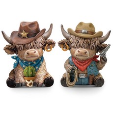 Wesiti 카우보이 하이랜드 소 피규어 2개 국가 및 농가 가정 선반 장식을 위한 웨스턴 레진 조각상 세트 애호가 수집가를 귀엽고 독특한 선물 238315, Wesiti 카우보이 하이랜드 소 피규어 2개, 국가