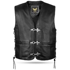 Leatherick 블랙 천연 가죽 오토바이 조끼 | 피쉬 후크 버클과 조절 가능한 측면이 있는 브레이드 바이커 조끼 블랙 지퍼 4X-라지 414646, 3X-Large, 블랙 사이드 레이스