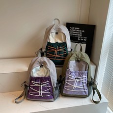 潮流拼色抽繩運動揹包 大容量戶外徒步登山包 輕便百搭休閒學生書包, 綠色,均碼