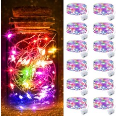 포졸라나 12팩 멀티 컬러 요정 조명 배터리 작동 3가지 모드 7FT 20 LED 방수 스트링 메이슨 병 결혼식 크리스마스 할로윈 장식용 은색 와이어 반짝임 12, Warm White, 24 Pack