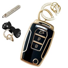 LULU HYEONGJE 雙龍汽車兼容TPU鑰匙殼+號碼鑰匙圈+皮革緞帶, 深黑色, AY-02