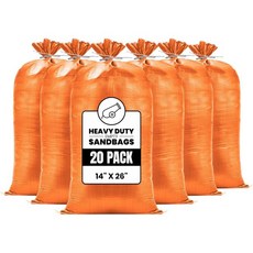 중국산이 아닌 무거운 모래주머니 홍수 방지용 빈 끈이 달린 UV 차단 1600시간용 방수벽용 14인치 x 26인치 무게용 50파운드 용량, 20개 가방, 주황
