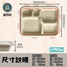 【盒作社】植物纖維五格餐盒(1件50組)外送餐盒/外帶餐盒/一次性餐盒/免洗餐具/環保餐盒/健康餐盒/多格餐盒, 1個, 植物纖維五格餐盒(1條50入)底+蓋, 50