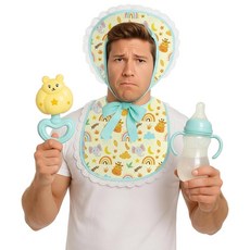 Newcotte 5피스 할로윈 아기 코스프레 코스튬 액세서리 세트 성인용 턱받이 1개와 사이즈 모자 1개 포함 병 딸랑이 및 성인용 기저귀 포함