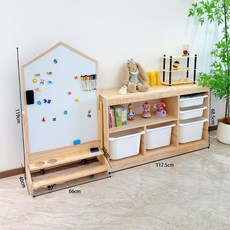兒童書架 置物架 繪本架 大容量二合一組合儲物櫃 實木玩具收納櫃, 小號小房子滾輪畫板 玩具櫃三排三層B款