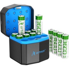 아트맨 충전식 리튬 AA 배터리 12개 세트(저장 케이스 포함 12칸 충전기 포함) 3600mWh 블링크 야외 카메라용 1.5V 일정 전압 더블 A 재충전 가능 최대 2000회, A Artman 초록