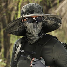 防曬遮臉大沿帽 卡其水墨 可調節, 軍綠水墨帽子頭巾