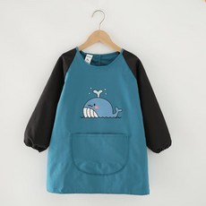 新品 兒童畫畫罩衣繪畫圍裙長袖中大童防水反穿衣魔術貼幼兒園 副廠商品, 藍色黑袖 鯨魚,3XL 135-150cm, 藍色