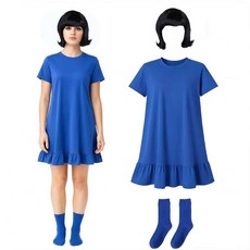 여성용 할로윈 코스튬 세트 블루 드레스 반소매 블랙 플립 가발 양말 포함 코스프레 파티용 블루. M