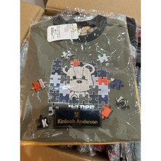 KA小金安德森拼接配棒球熊休閒上衣，可愛童趣，柔軟舒適，拼接條紋設計，時尚有型, 1個, 85綠拼圖熊上衣, 85綠拼圖熊上衣