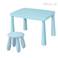 IKEA 兒童學習桌椅組 幼兒園可調節高度書桌 圓凳套裝 環保材質 淺藍色, 淺藍 圓凳+桌子, 淺藍