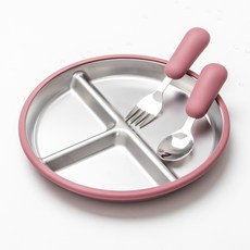 DFMEI 新品304不鏽鋼硅膠兒童餵養套裝吸盤寶寶輔食餐盤碗叉勺餐具, 1個, 餵養3件套(玫紅色):如圖