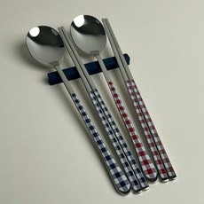[파격사은품] 보겐 체크 세라믹 2인 수저세트, 2세트, 숟가락+젓가락, 레드&블루