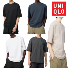 [매장정품] 유니클로 남여공용 AIRism 에어리즘 코튼오버사이즈크루넥T 5부 베이직 반팔 티셔츠