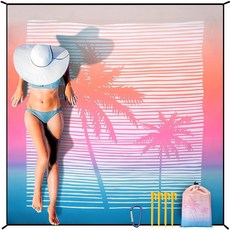 HIHOHO 해변 담요 방수 모래 방지 엑스트라 라지 비치 매트 200.7 x 210.8cm(79 x 83인치)/304.8 x 274.3cm(120 x 108인치) 1-8세 성, 79" X 83"（1~3 person）, 코코넛 나무 그라데이션 선셋