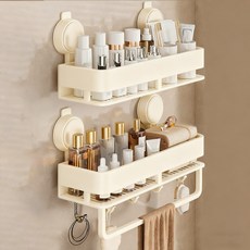 KEMEI 1+1 벽걸이형 무타공 욕실선반 흡착식 상하세트, 크림 화이트, 1세트