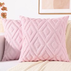 DecorUhome 여름 소파 장식용 쿠션 커버 45.7x45.7cm18x18인치 2개 세트 장식적이고 부드러운 플러시 인조 모피 울 액센트 베개 커버 모던 팜하우스 침대, 라이트 핑크