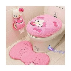 귀여운 만화 핑크 4PCS 욕실 세트 화장실 커버 WC 미끄럼 방지 목욕 매트 - 컨투어 러그 클로즈툴 뚜껑 커버 시트 쿠션 티슈 박스 (핑크)