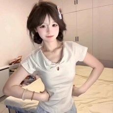 해피유통 여성 카라넥 리본 반팔 티셔츠 슬림핏 데일리 상의