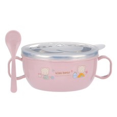 DFMEI 不鏽鋼兒童卡通飯碗雙層隔熱雙耳碗寶寶帶手柄輔食碗防摔碗帶蓋勺, 1個, 粉色:如圖