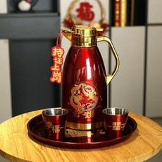 桃園發貨 不鏽鋼保溫壺 結婚暖壺 陪嫁紅色保溫瓶 家用大容量熱水壺, 1個, 彩印龍鳳1+2+1