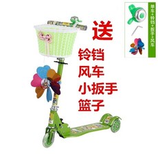 兒童滑板車三輪閃光，寶寶滑滑車3-6-12歲，男孩女孩踏板車二輪扭扭車, 綠雙加厚+籃子, 1個