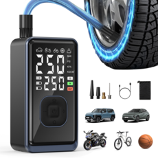 ACMEZING 무선 휴대용 타이어 공기압주입기 전동 에어펌프 보조배터리 LED 비상등 A11, 블랙, 1개