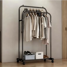 【臺南現貨 3日内達】落地掛衣架，加粗加固，移動式開放衣架，臥室衣帽收納, (1黑)80cm黑色雙桿+單層置物+輪子