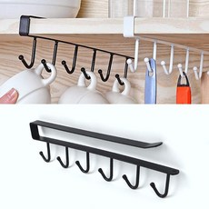 Oce 디귿 긴 꽂이 홀더 선반 행거 6구 컵 걸이 스틸 건조대 화이트 머그잔정리대 커피잔랙 키친보드후크, 블랙