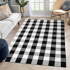 HZQOZUA Buffalo 격자 무늬 부분 러그 1.2 x 1.8m(4 6피트) 블랙 앤 화이트 체크 러그 면 손으로 짠 세탁 가능한 실내 실외 카펫 현관/거실/식당/주방/