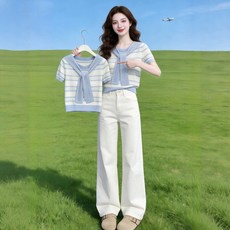 해피유통 세일러 타이 포인트 반팔 니트 상의