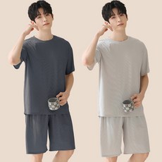 큰귀멍멍 1+1 남성 링클 쿨 반팔 반바지 여름 파자마 세트 냉감 홈웨어