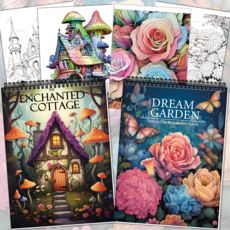 NICEROSE 성인을 위한 색칠책 세트 The Enchanted Cottage 및 Dream Garden 테마 컬러링북 - 2본 세트, 마법의 오두막과 꿈의 정원