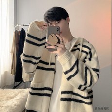 港風復古條紋連帽開衫毛衣男 秋冬寬鬆慵懶風針織衫外套【臺灣出貨】