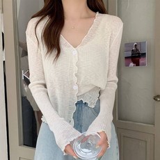 여름 러플 숏 브이넥 소라색 골지 긴팔 볼레로 시스루 얇은 여성 프릴 가디건