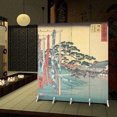 병풍 그림 게이샤 배경 1 5m 사무라이 높이x0 45m 소품 6패널 그림병풍, 다크카키, 1개