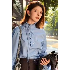 法式高級感花邊領長袖藍色襯衫，女秋冬款洋氣減齡百搭打底衫上衣