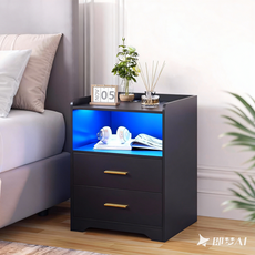 20색 RGB 조명 모션센서 탑재 44.96cm 2단 서랍형 모던 침대옆장, 1개, 검정색