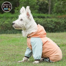 摩達客寵物 拚色可愛風狗狗四腳連身雨衣 粉橘色 小型犬適用 反光條 防水 雨天外出衣, 1個, 粉橘色XL
