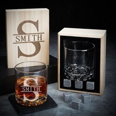 박스와 위스키 스톤이 포함된 맞춤형 잔 선물 세트, Oakmont Design