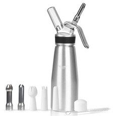 NATUREKIT 휘핑 크림 디스펜서 500ml - 3개의 노즐 및 클리닝 브러시가 있는 1파인트 알루미늄 용기 디저트 토핑용 누출 방지 휩 메이커 N2O 충전기 미포함, Silver