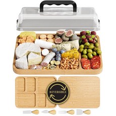 Trayful Charcuterie 뚜껑이 있는 보드 - 양면 사용 가능 피크닉 및 엔터테인먼트를 위한 2-in-1 여행용 휴대용 치즈 보드 - 집들이 선물 세트 아이디어 -, 천연 대나무